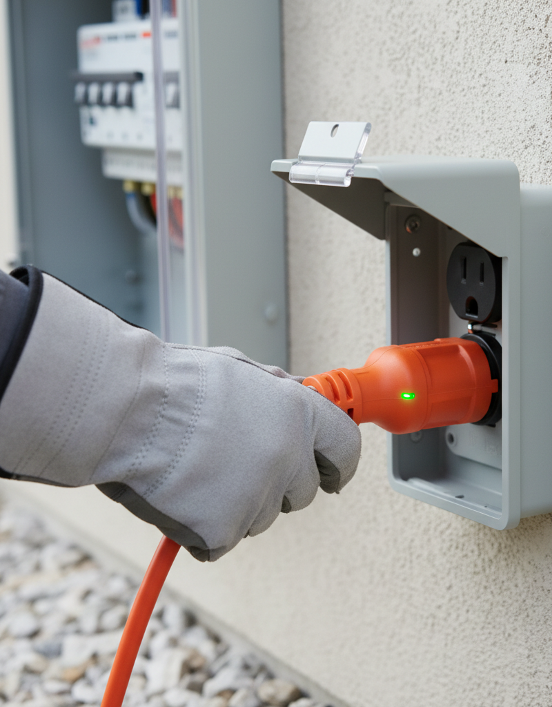 Homeowner plugging heavy-duty extension cord into outdoor outlet near circuit breaker