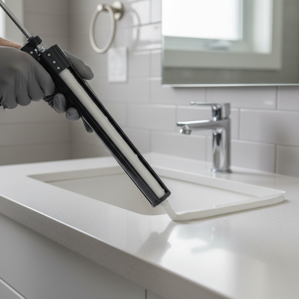 Contractor's hand applying a perfect bead of white silicone caulk around a bathroom sink