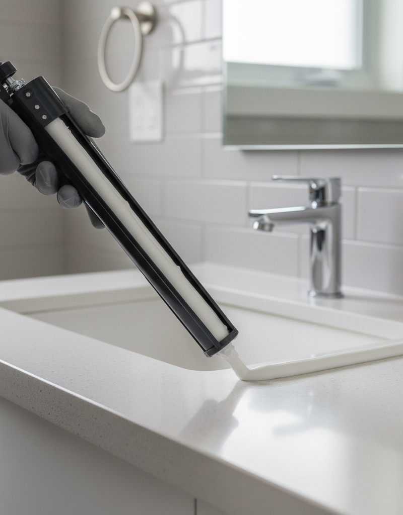 Contractor's hand applying a perfect bead of white silicone caulk around a bathroom sink