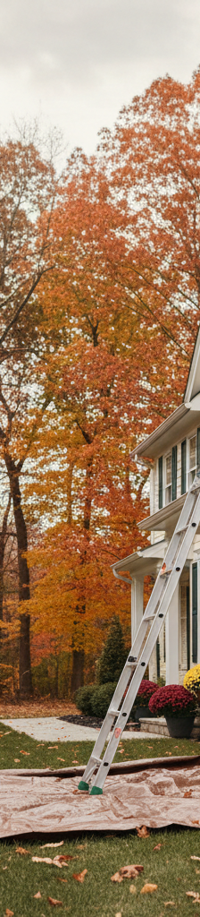 Homeowner on a ladder cleaning fall leaves out of a gutter.