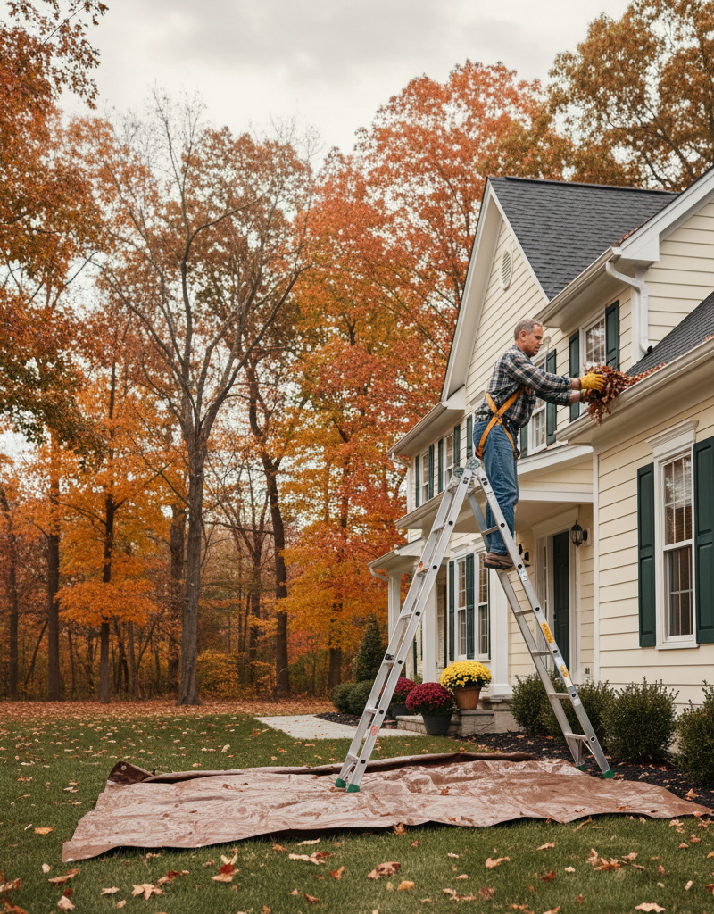 Homeowner on a ladder cleaning fall leaves out of a gutter.