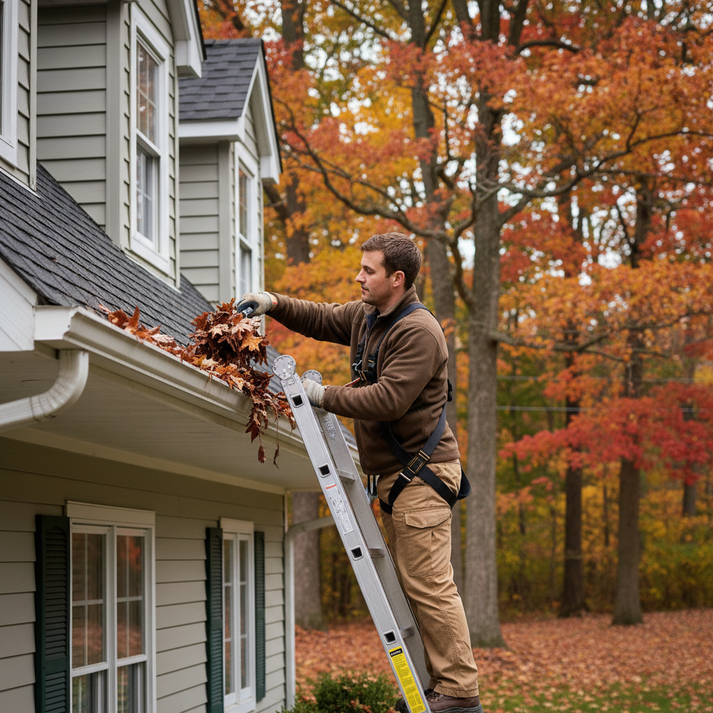 Homeowner on a ladder cleaning gutters filled with autumn leaves, preparing for winter.