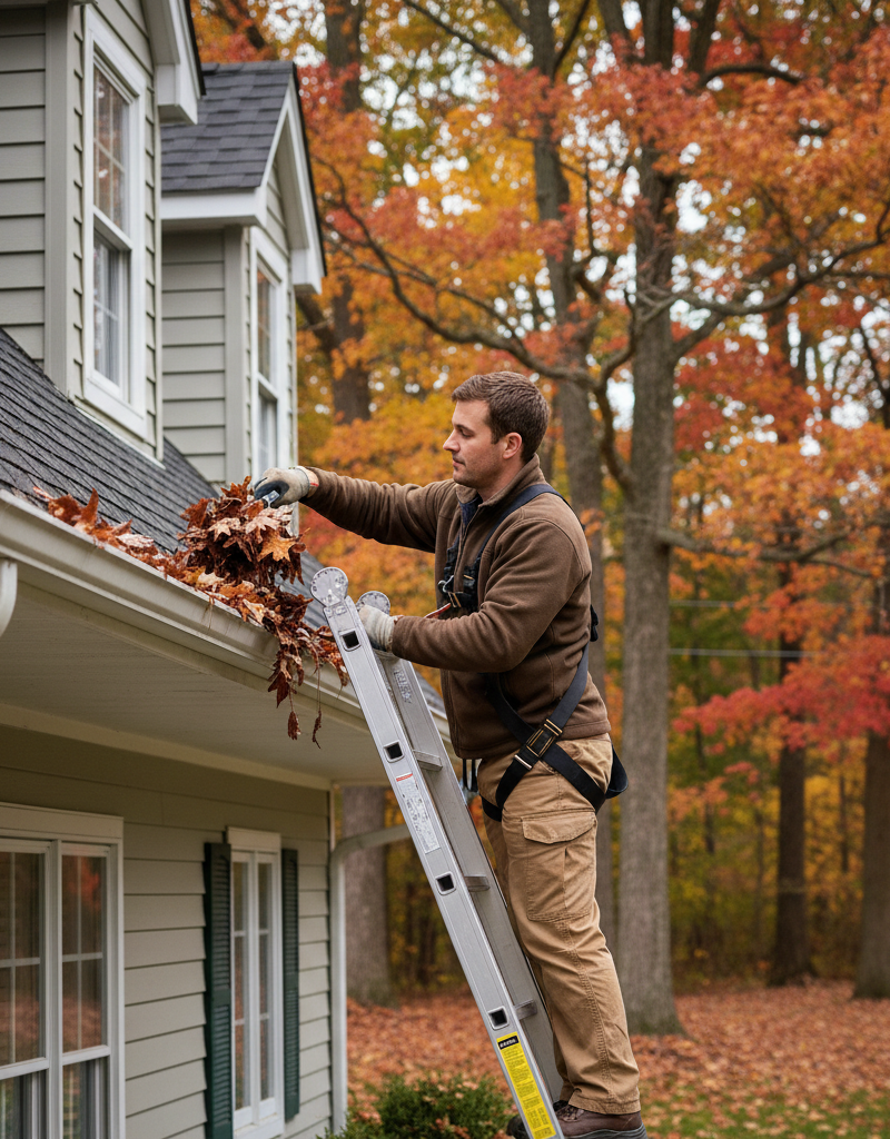 Homeowner on a ladder cleaning gutters filled with autumn leaves, preparing for winter.