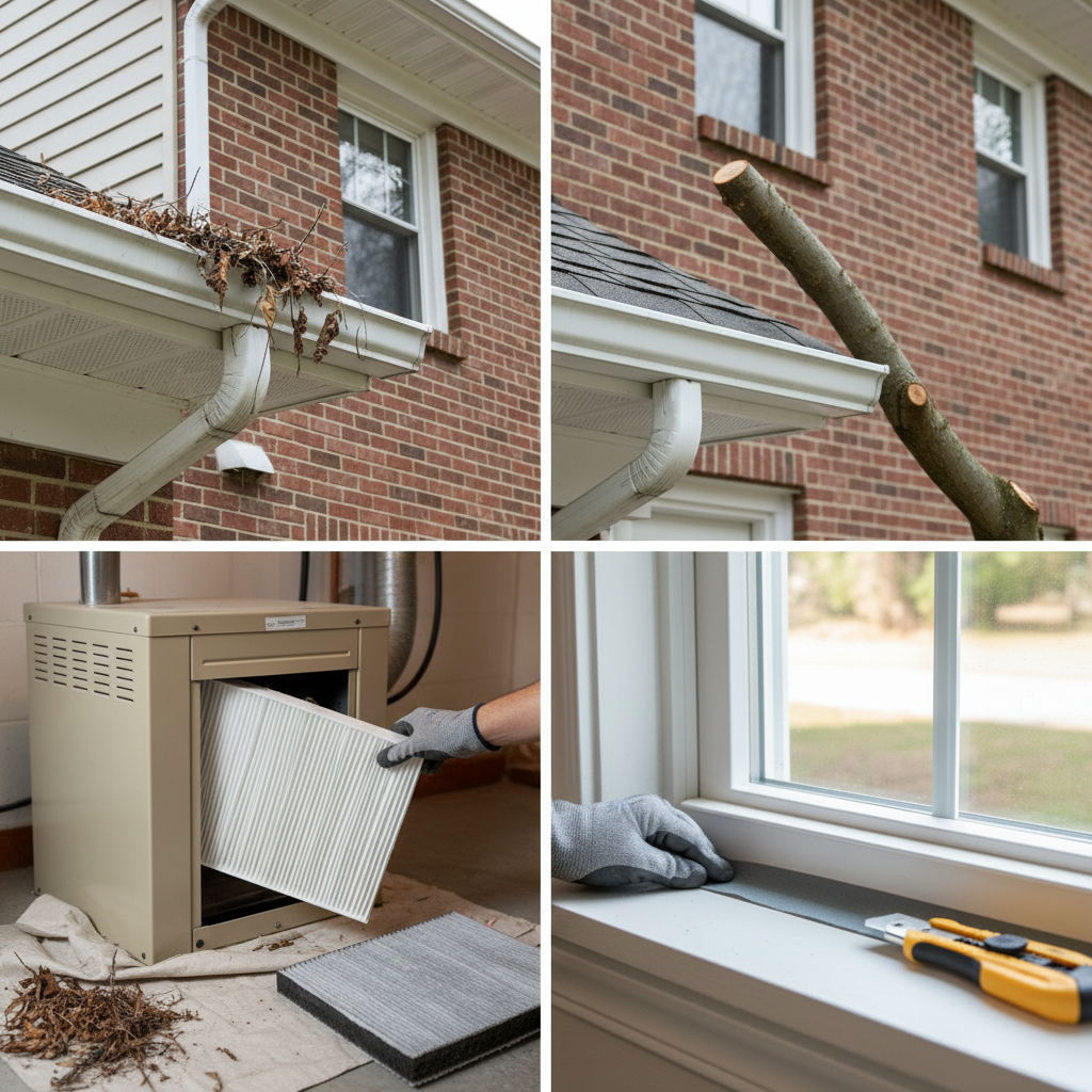 Illustration of essential fall home maintenance tasks including gutter cleaning, furnace filter replacement, and sealing drafts.