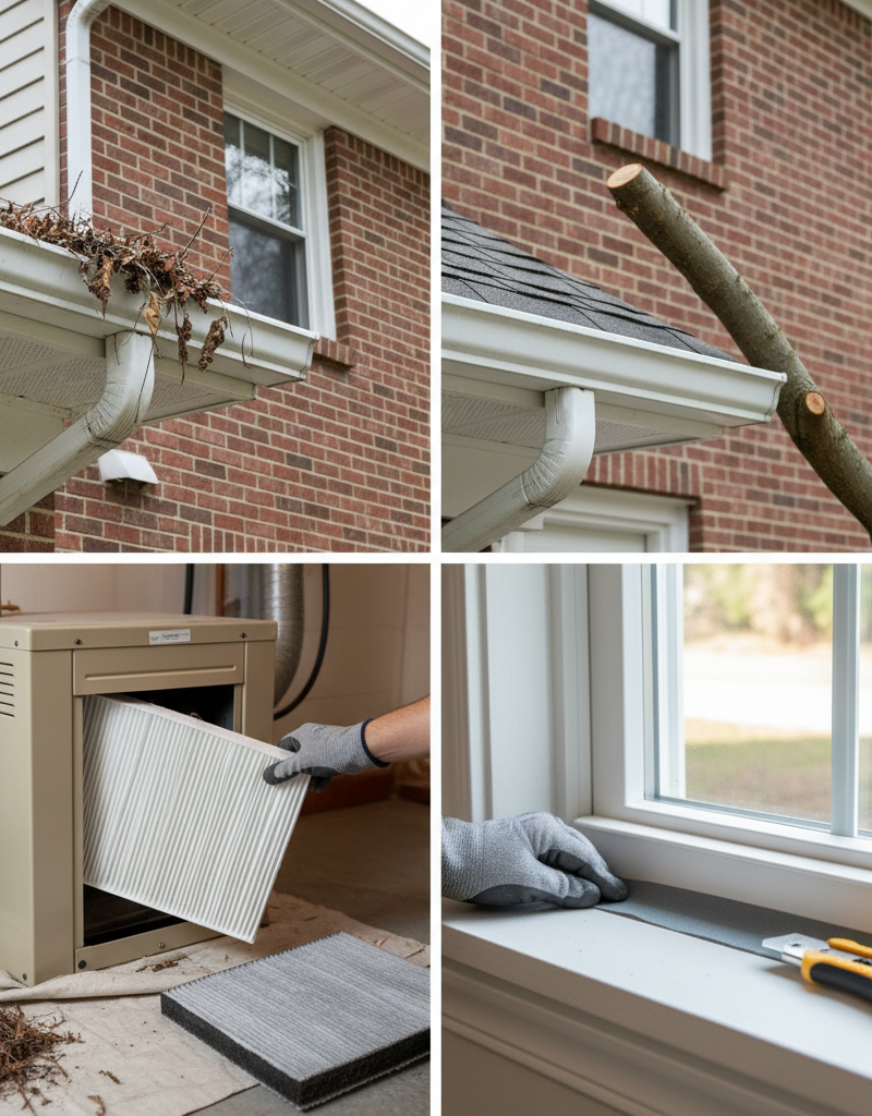 Illustration of essential fall home maintenance tasks including gutter cleaning, furnace filter replacement, and sealing drafts.