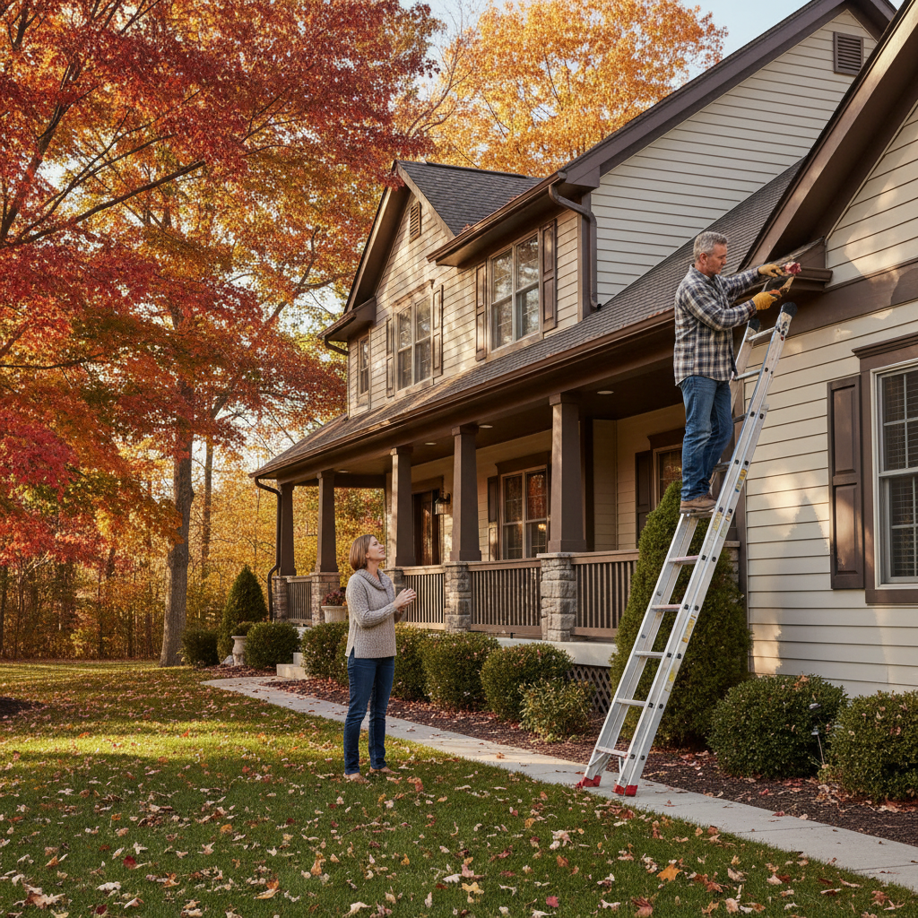 Homeowner carefully cleaning leaves from a gutter during fall maintenance, a common mistake.