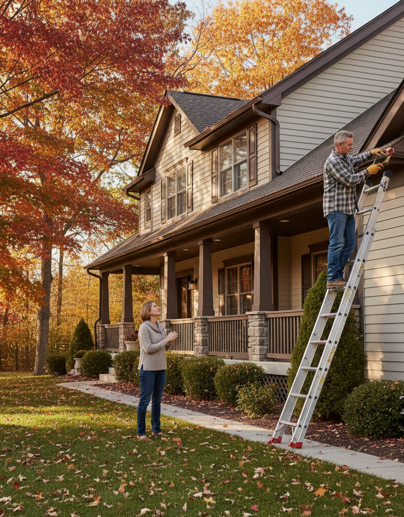 Homeowner carefully cleaning leaves from a gutter during fall maintenance, a common mistake.