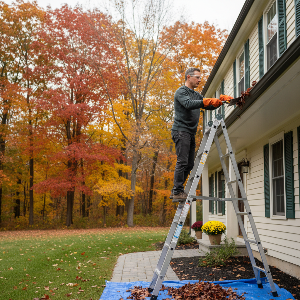 Homeowner clearing leaves from house gutters during fall maintenance