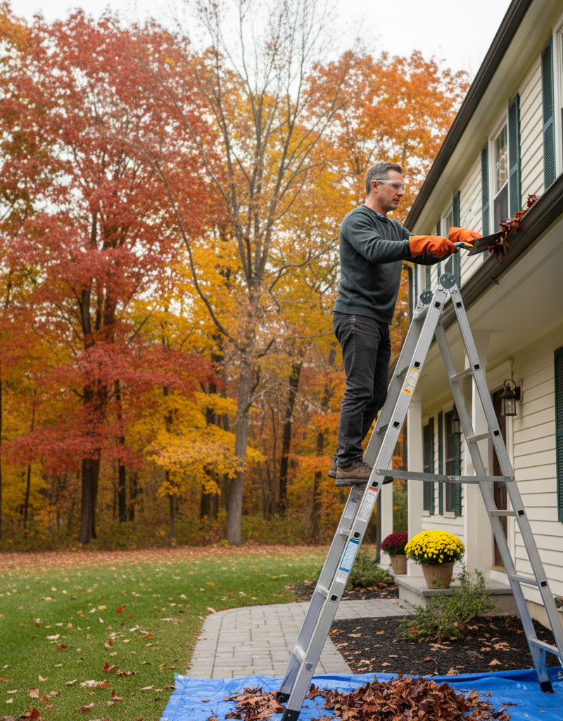 Homeowner clearing leaves from house gutters during fall maintenance