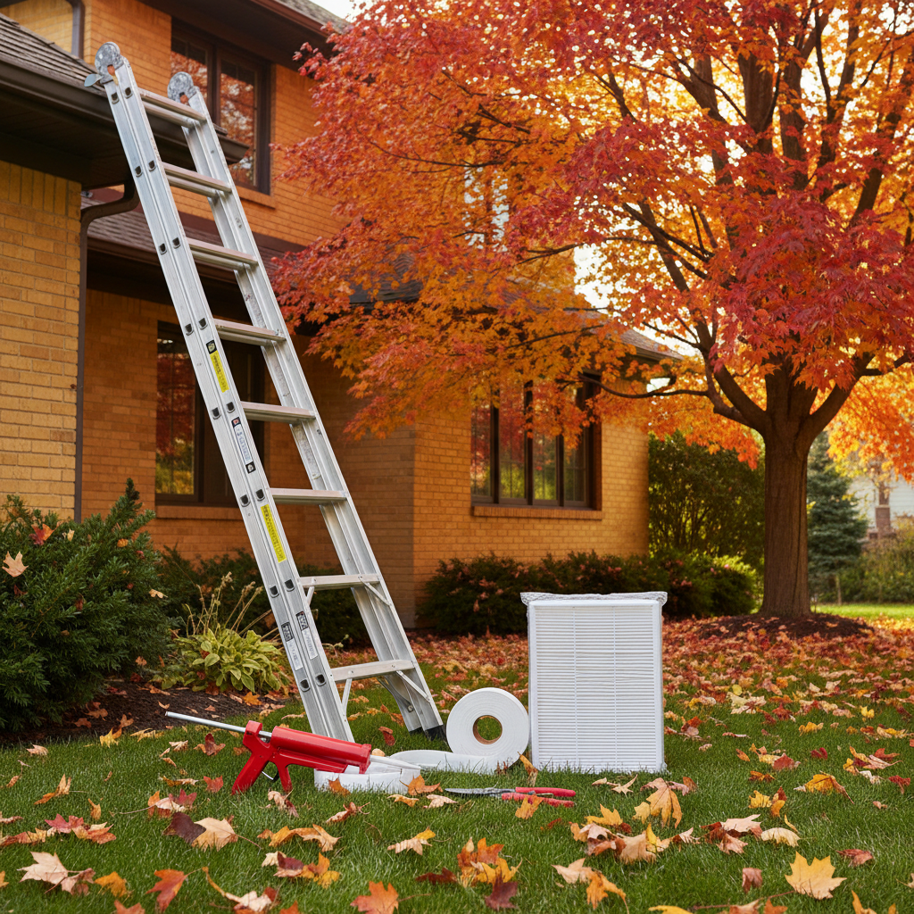 Essential tools for fall home maintenance: ladder, caulk gun, weatherstripping, furnace filter, and shears.