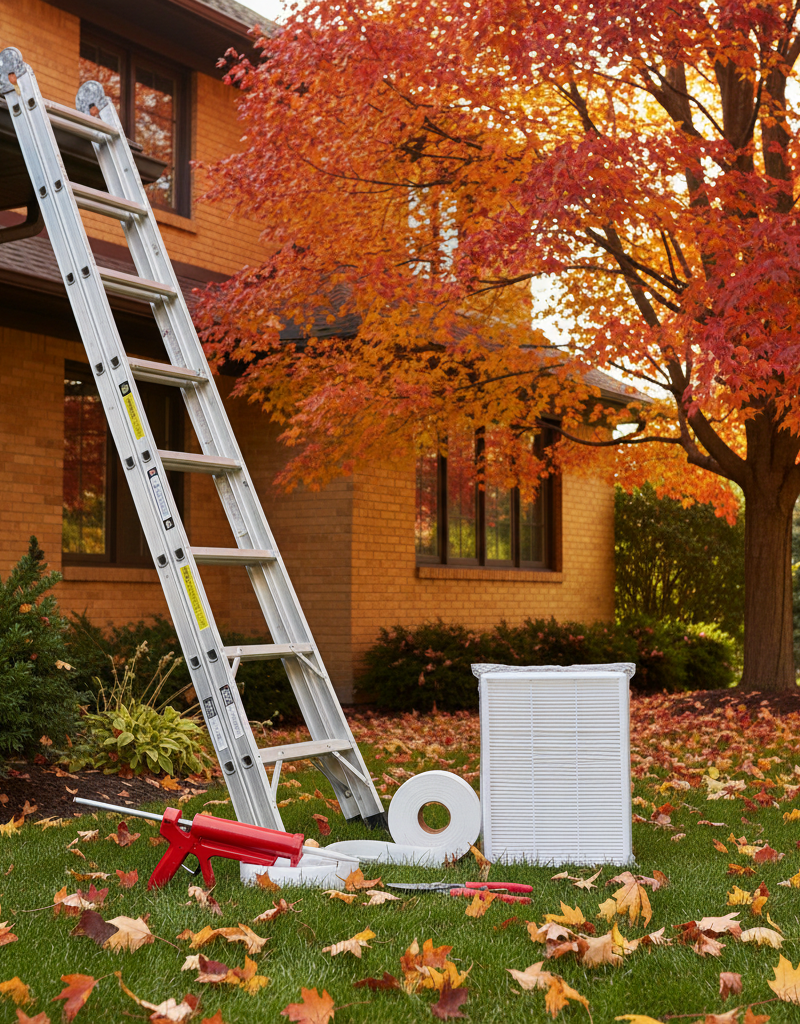 Essential tools for fall home maintenance: ladder, caulk gun, weatherstripping, furnace filter, and shears.