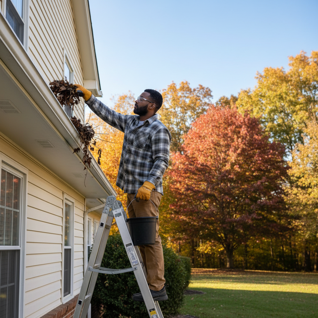 Homeowner on a ladder cleaning leaves from a gutter during fall maintenance.