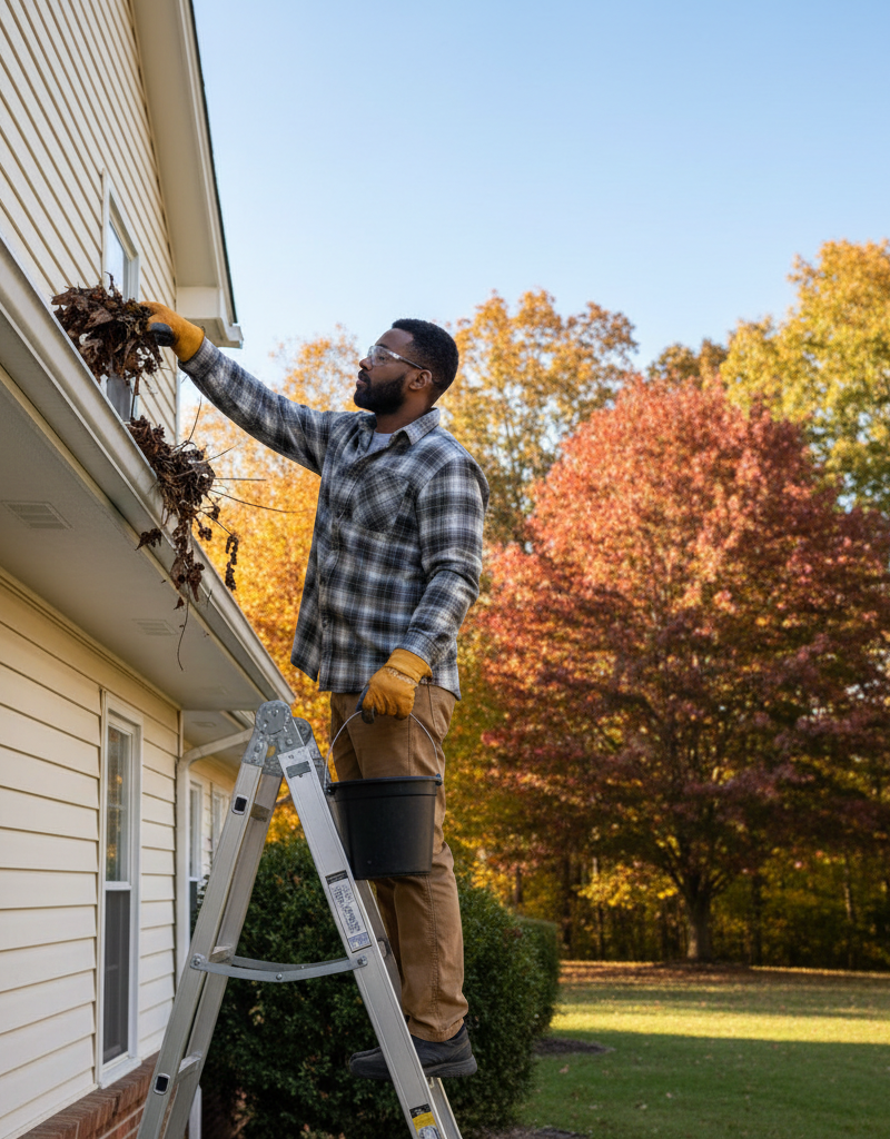 Homeowner on a ladder cleaning leaves from a gutter during fall maintenance.