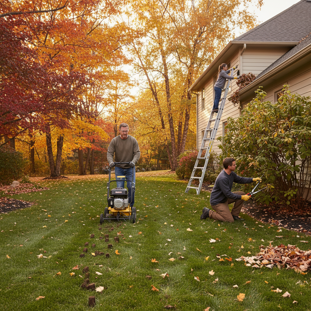Homeowner aerating lawn, cleaning gutters, and pruning shrubs during fall yard cleanup
