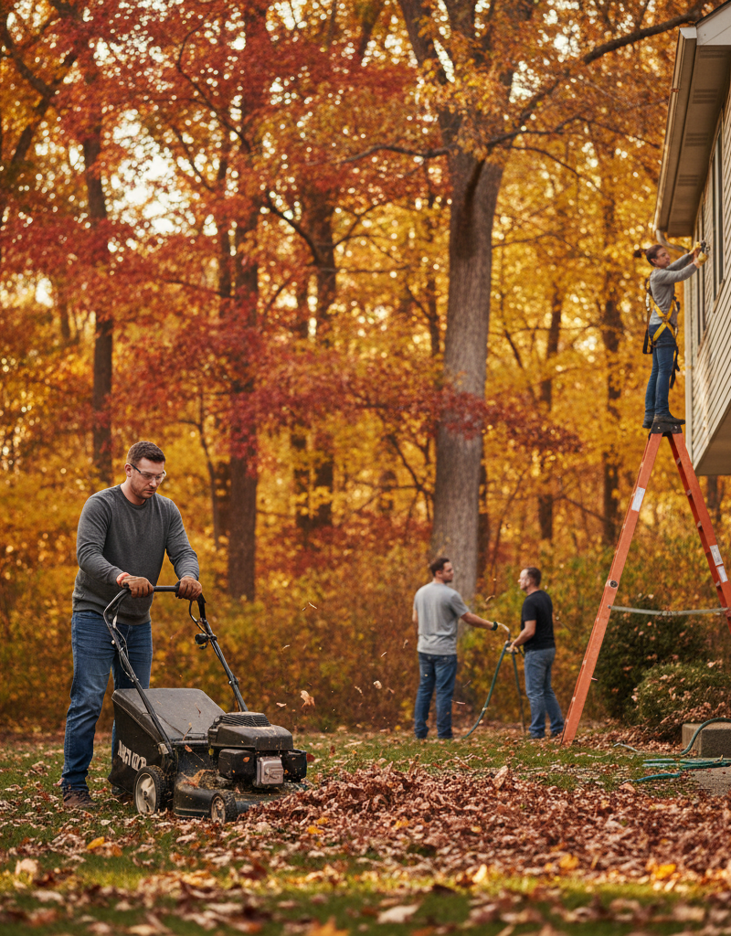 Homeowner mulching leaves and cleaning gutters for fall yard cleanup