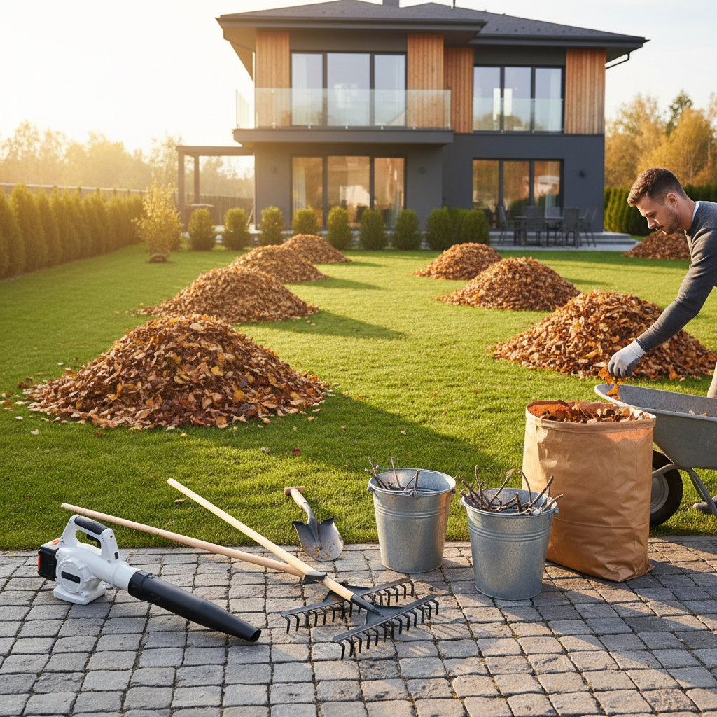 Organized fall yard cleanup with various tools, neatly raked leaves, and a clean home exterior at sunset.