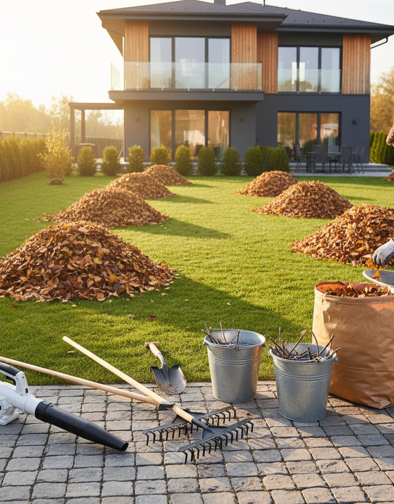 Organized fall yard cleanup with various tools, neatly raked leaves, and a clean home exterior at sunset.