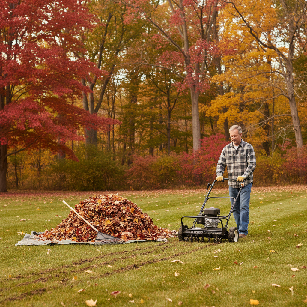 Homeowner raking leaves during fall yard cleanup to prepare lawn for winter