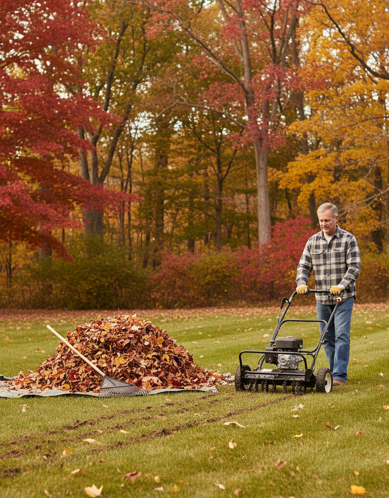 Homeowner raking leaves during fall yard cleanup to prepare lawn for winter