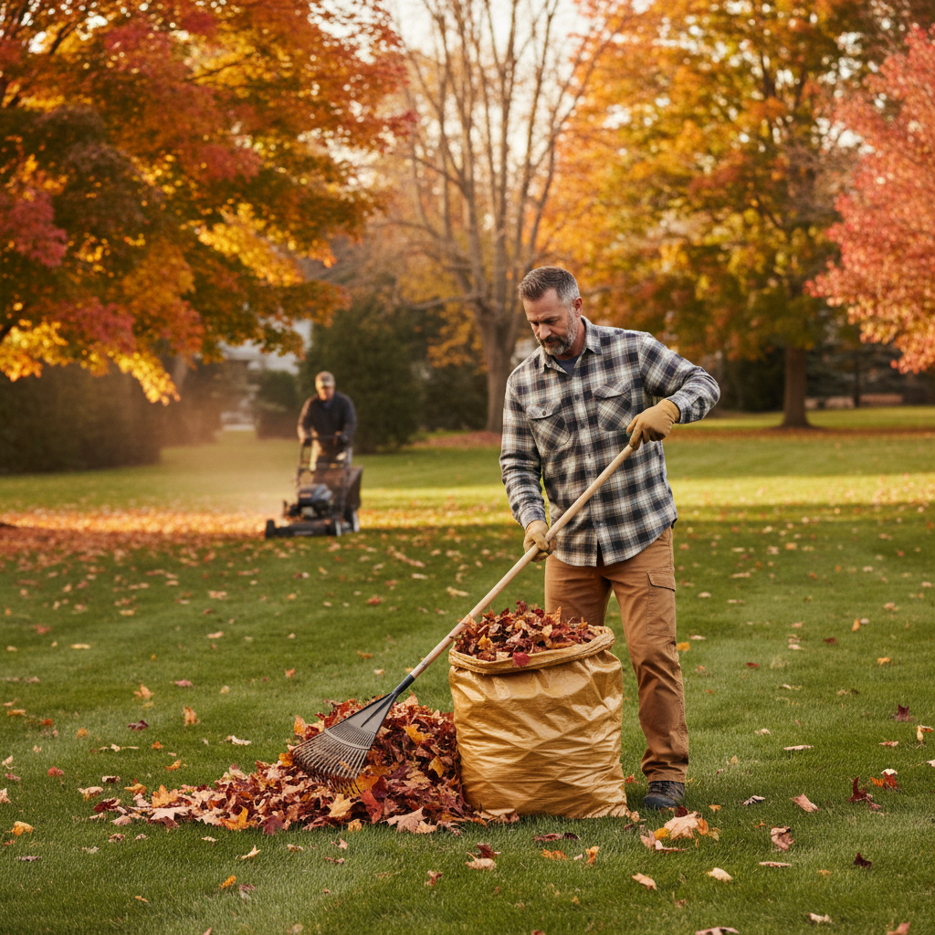 Homeowner raking leaves and mulching fall foliage in a clean autumn yard.