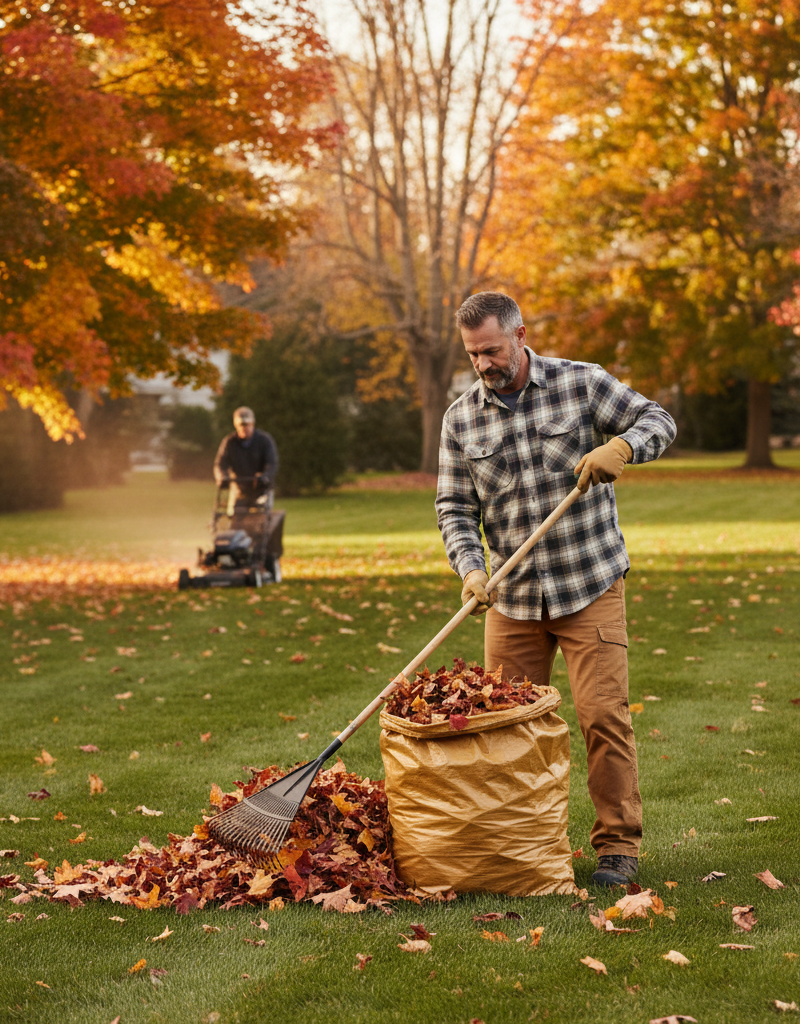 Homeowner raking leaves and mulching fall foliage in a clean autumn yard.