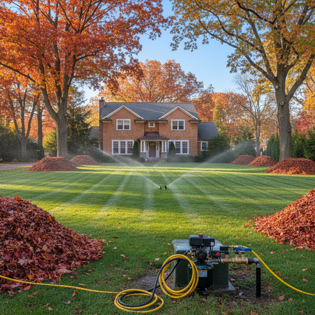A perfectly maintained autumn yard with vibrant fall foliage and an unclogged gutter system.