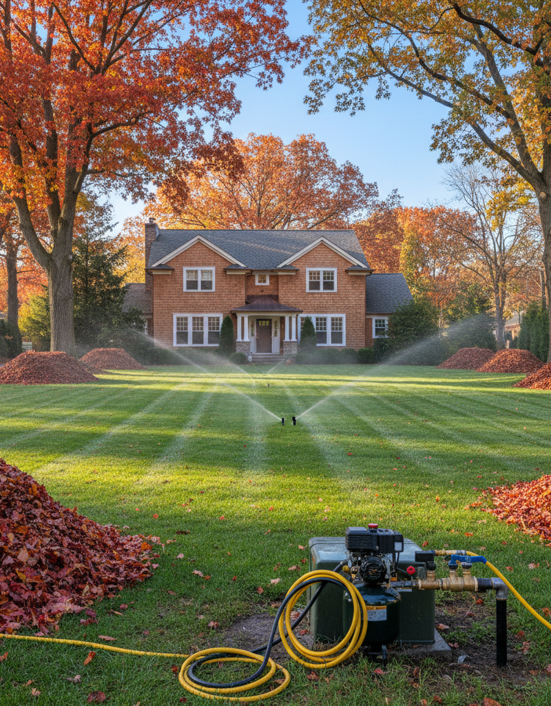 A perfectly maintained autumn yard with vibrant fall foliage and an unclogged gutter system.