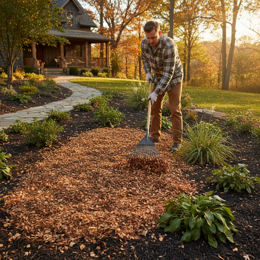 Homeowner mulching shredded leaves into a garden bed during fall cleanup, enriching the soil for winter.