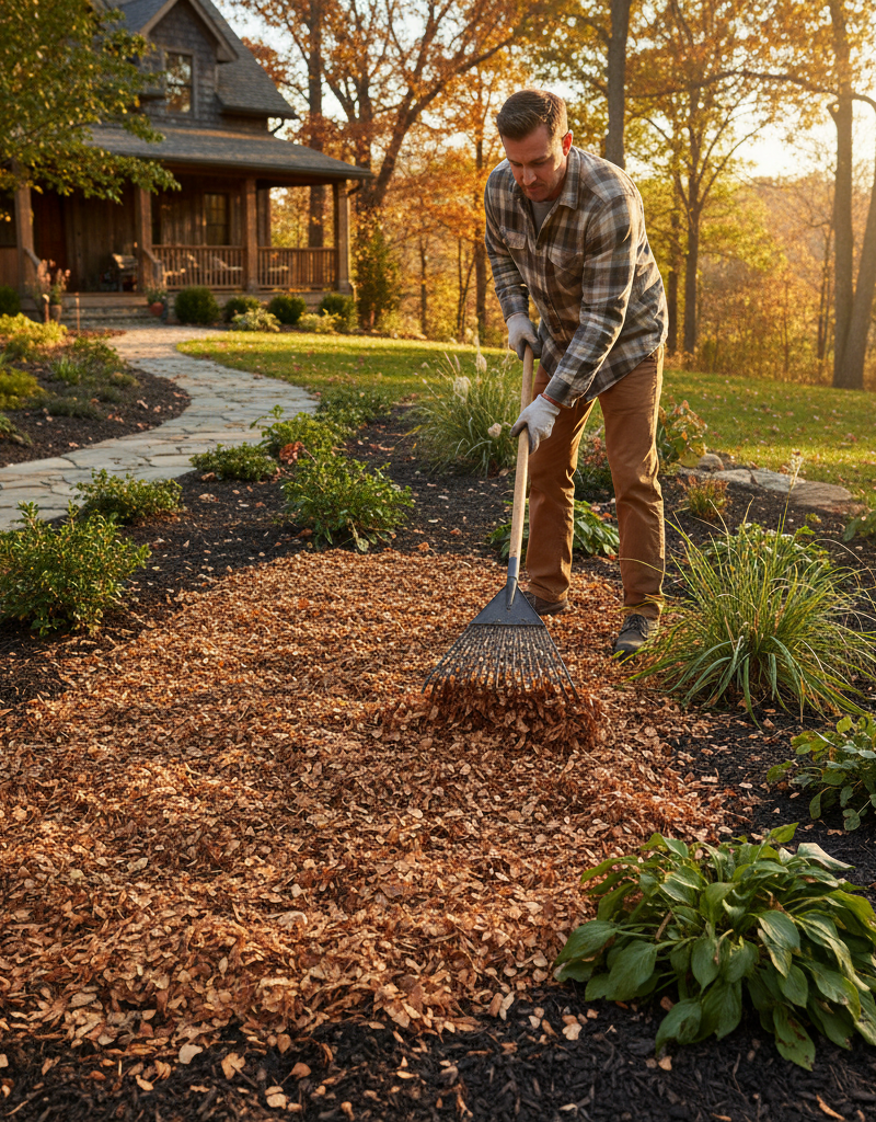 Homeowner mulching shredded leaves into a garden bed during fall cleanup, enriching the soil for winter.