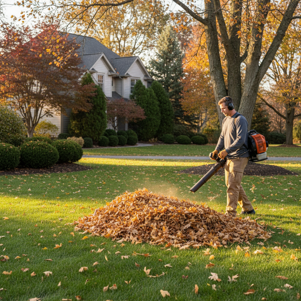 Homeowner clearing fall leaves with a leaf blower on a well-kept lawn
