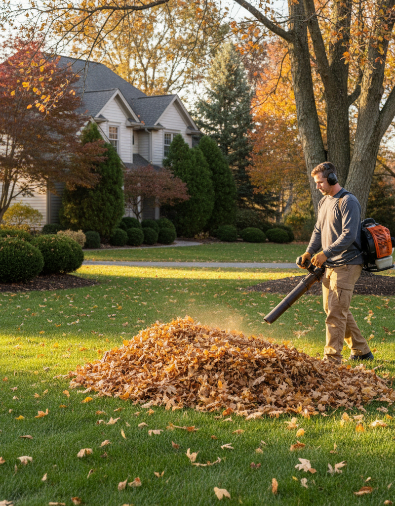 Homeowner clearing fall leaves with a leaf blower on a well-kept lawn