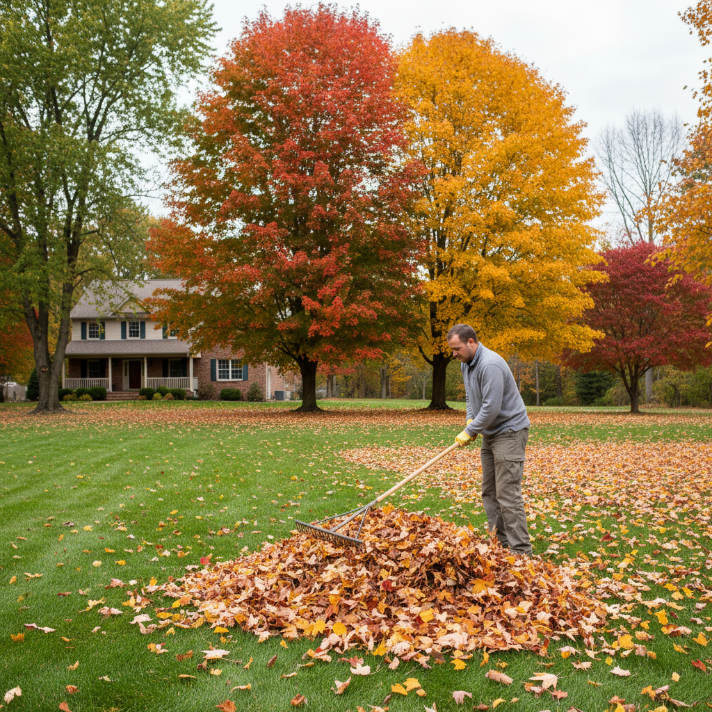 Homeowner raking leaves in autumn yard as part of fall cleanup