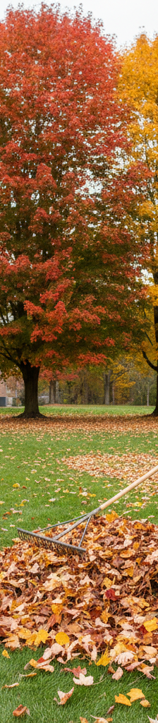 Homeowner raking leaves in autumn yard as part of fall cleanup