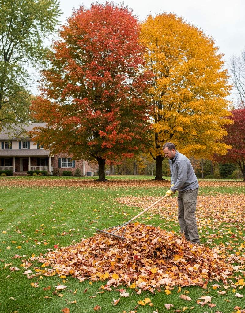 Homeowner raking leaves in autumn yard as part of fall cleanup