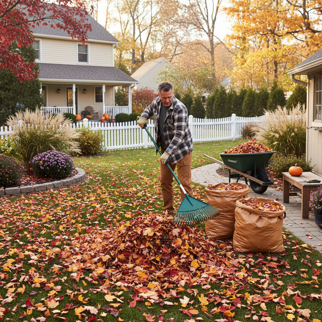 Homeowner raking leaves in a well-maintained fall yard, with vibrant autumn trees and garden beds.