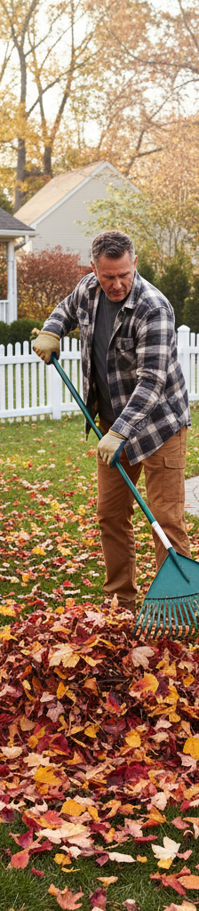Homeowner raking leaves in a well-maintained fall yard, with vibrant autumn trees and garden beds.