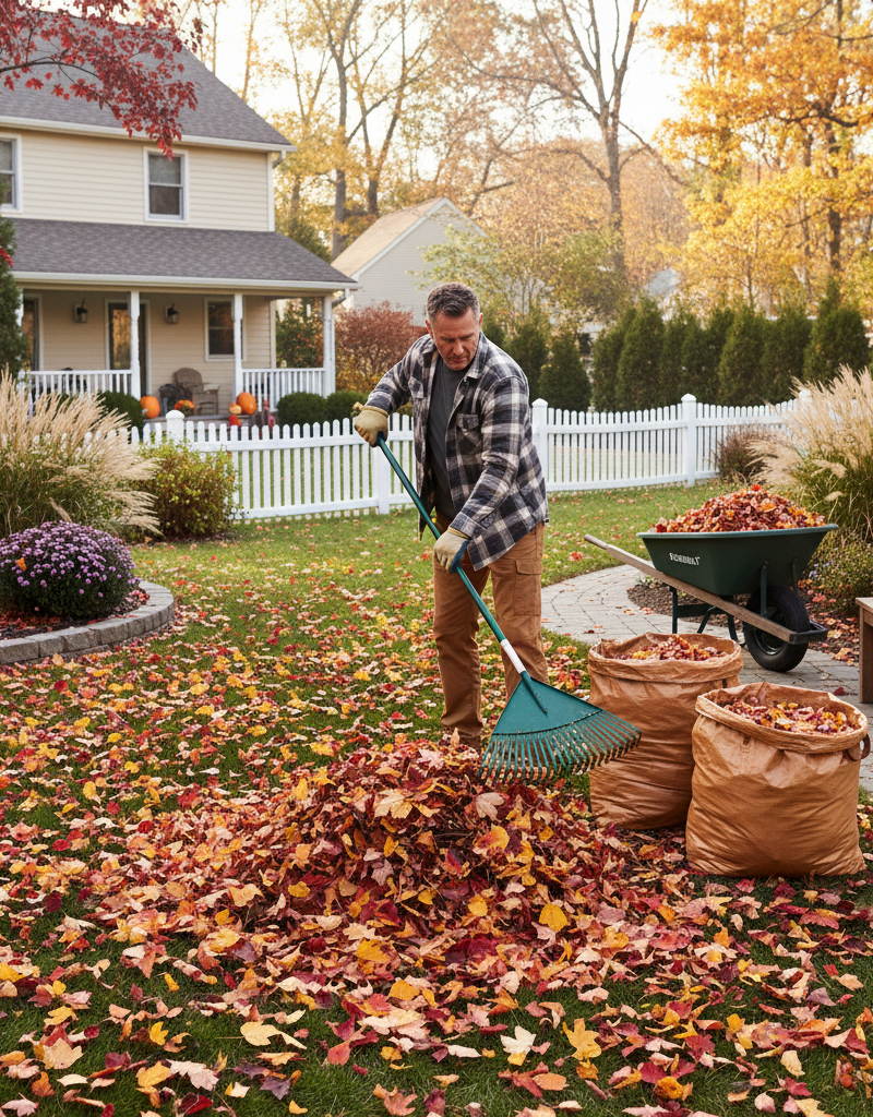 Homeowner raking leaves in a well-maintained fall yard, with vibrant autumn trees and garden beds.
