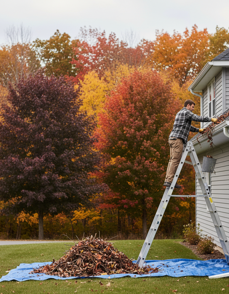 Homeowner safely cleaning leaves from a rain gutter with a ladder in autumn