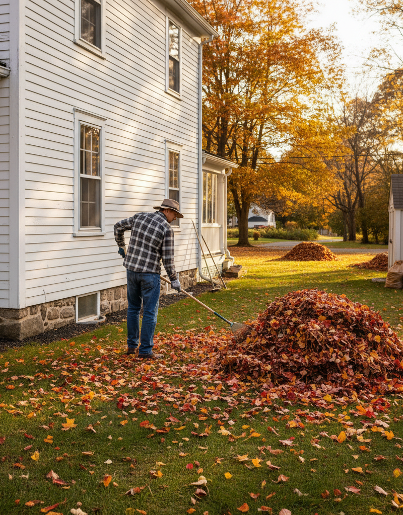 Homeowner raking leaves away from their house foundation during fall cleanup to prevent pests.