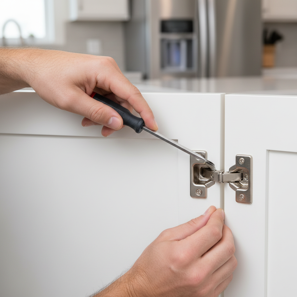 Homeowner adjusting a cabinet hinge with a Phillips screwdriver to fix a sagging door.