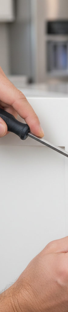 Homeowner adjusting a cabinet hinge with a Phillips screwdriver to fix a sagging door.
