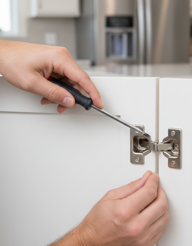 Homeowner adjusting a cabinet hinge with a Phillips screwdriver to fix a sagging door.