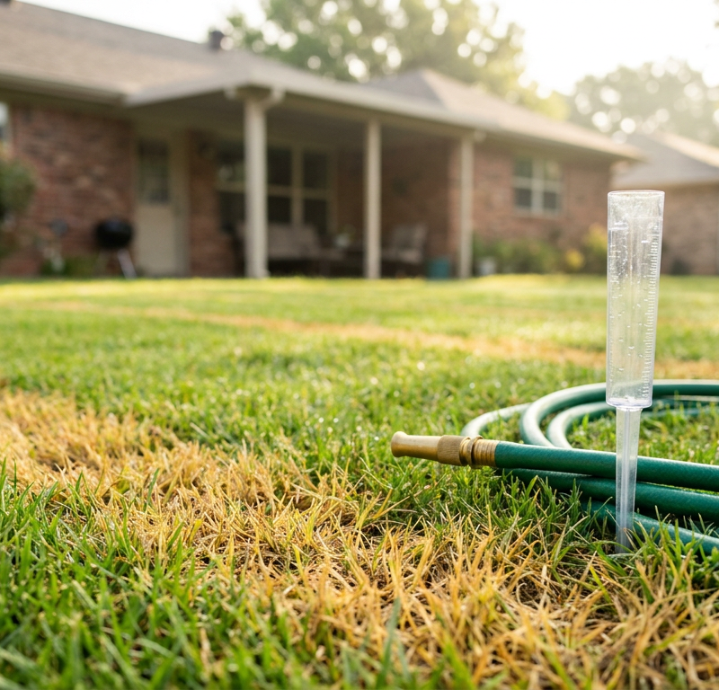 Brown scorched grass stripes on a lawn caused by synthetic fertilizer burn