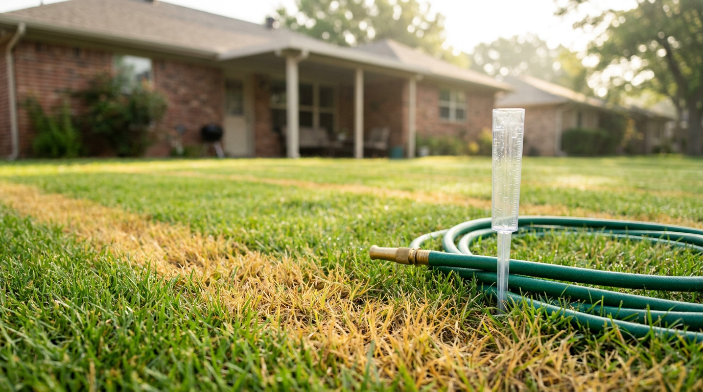 Brown scorched grass stripes on a lawn caused by synthetic fertilizer burn