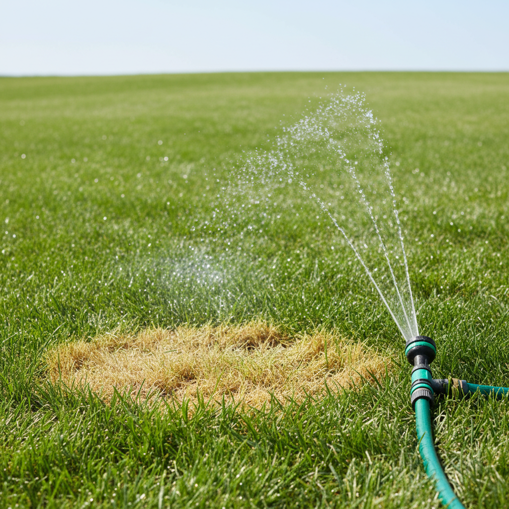 Yellow patch on a green lawn being watered by a sprinkler to reverse fertilizer burn.