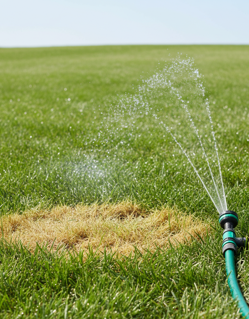Yellow patch on a green lawn being watered by a sprinkler to reverse fertilizer burn.