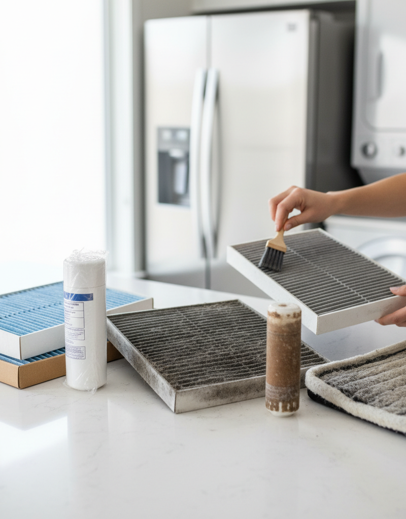 Collection of household filters, some new and some dirty, representing HVAC, water, and appliance filters.