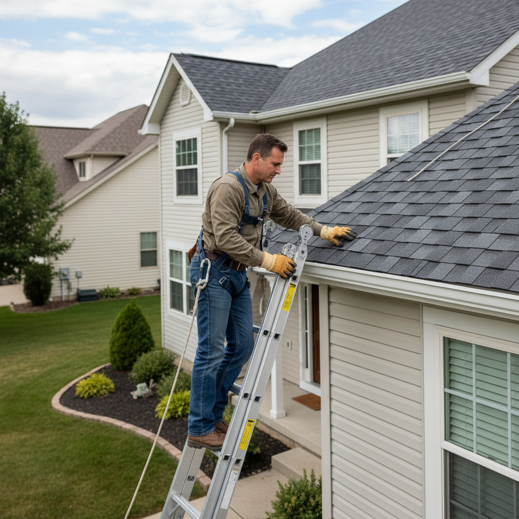 Homeowner on ladder carefully inspecting roof shingles for damage or wear