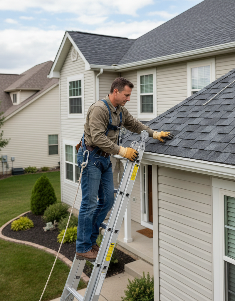 Homeowner on ladder carefully inspecting roof shingles for damage or wear