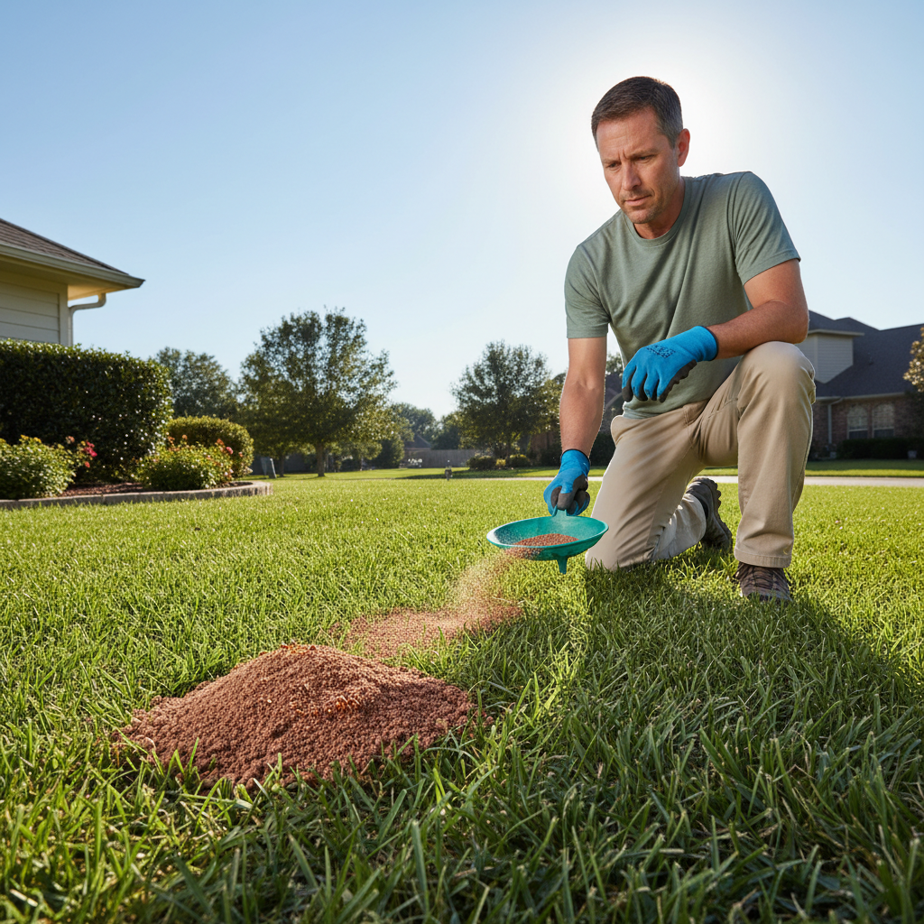 Homeowner applying granular fire ant bait to a lawn with visible fire ant mounds